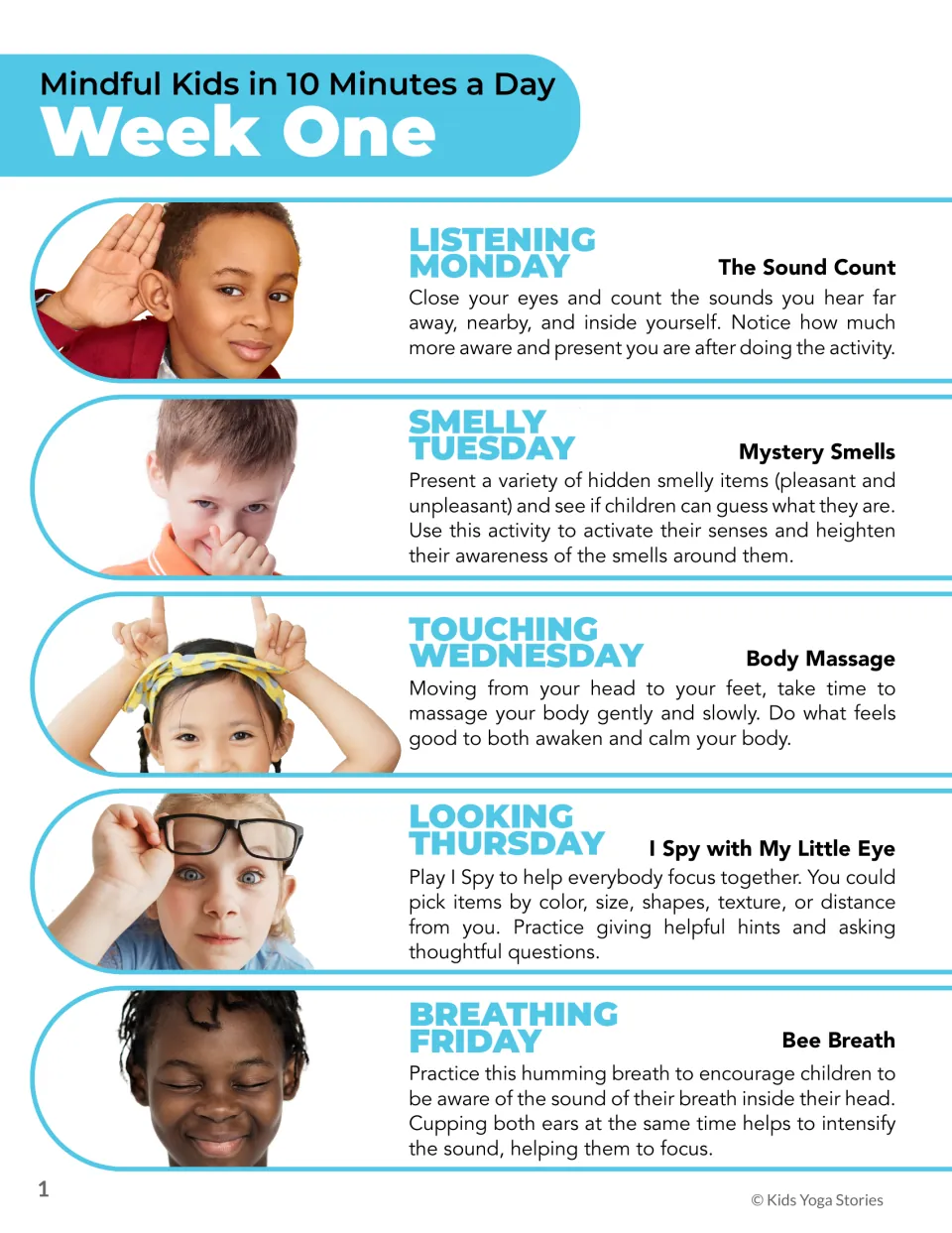 Week One overview introduces The Sound Count, Mystery Smells, Body Massage, I Spy with My Little Eye, and Bee Breath