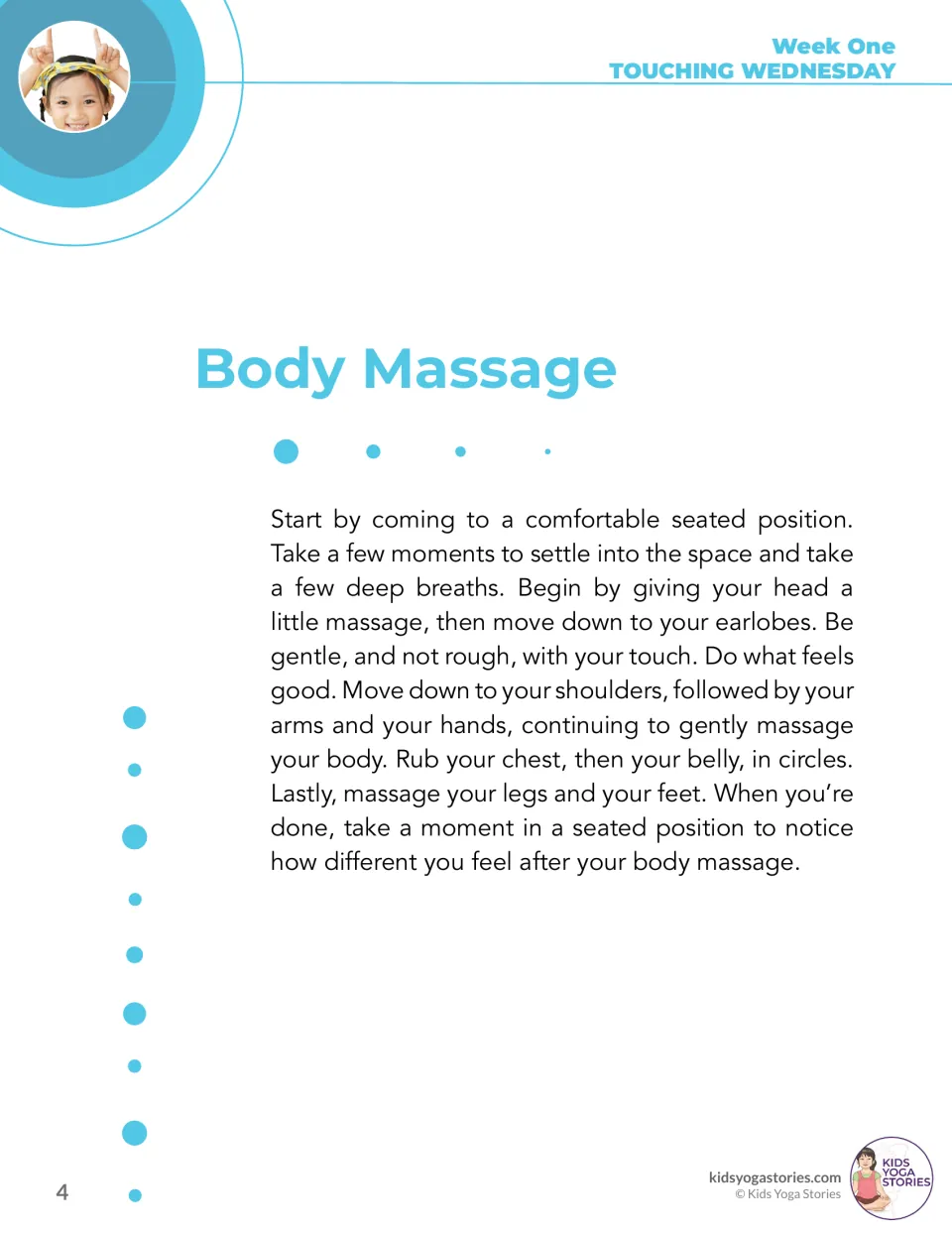 Body Massage instructions guide gentle self-massage from head to feet, followed by noticing how the body feels