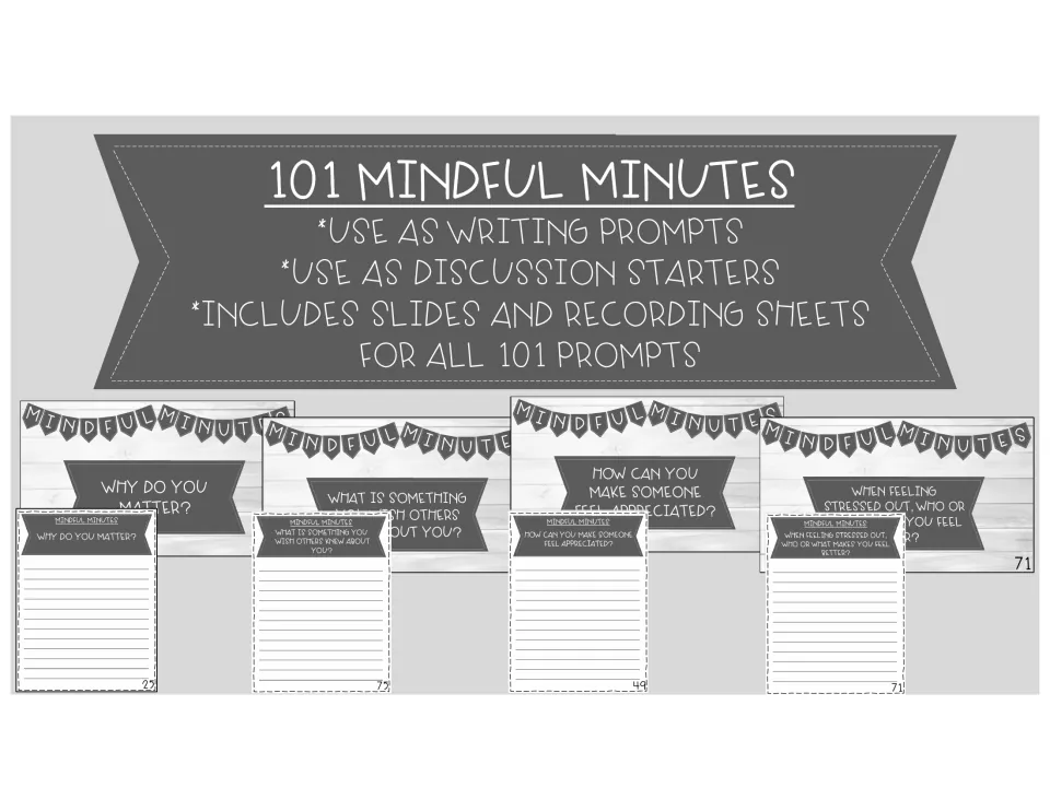 101 Mindful Minutes cover: prompts for writing or discussion, shown as sample slides with lined recording sheets to match