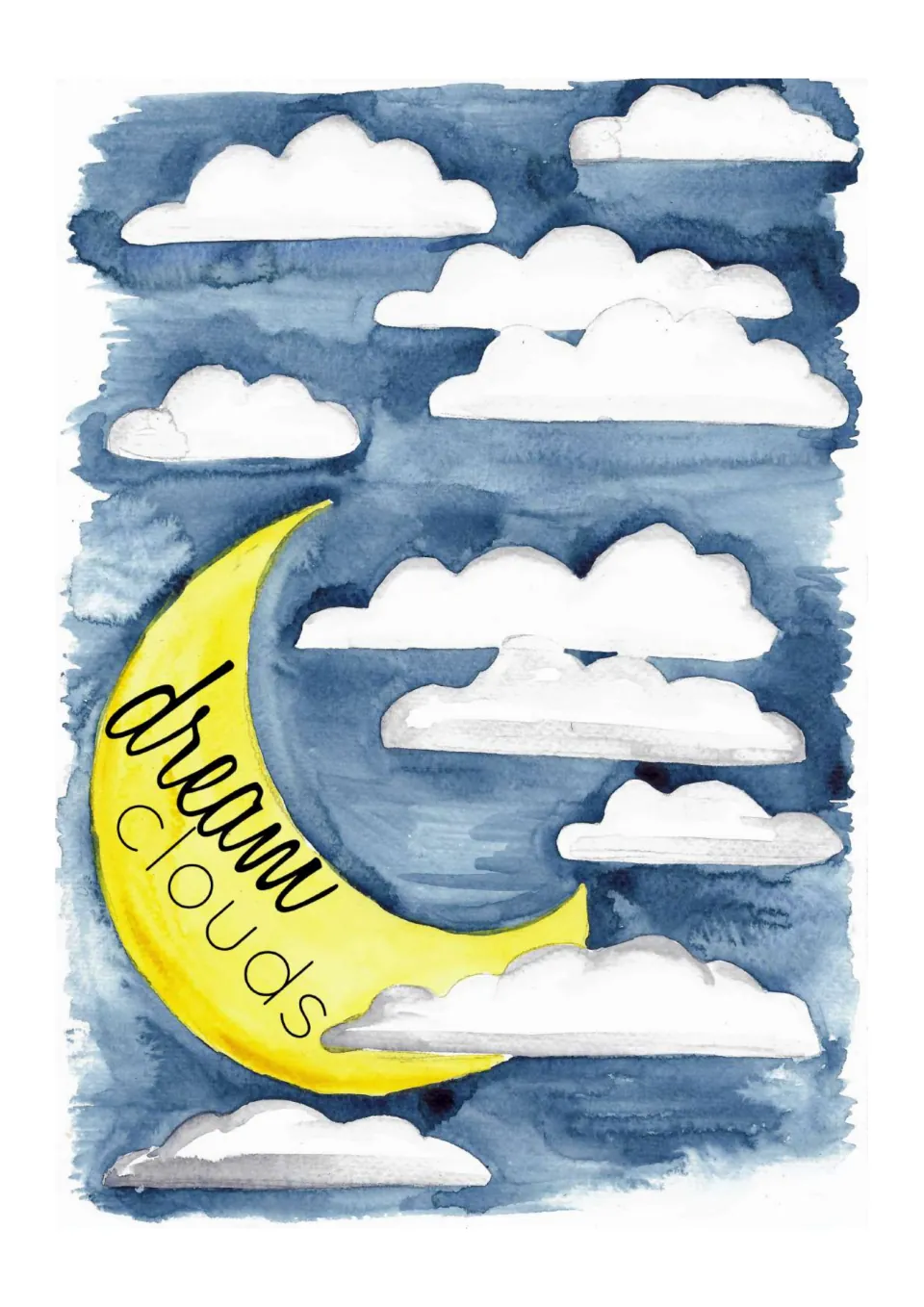 Mindfulness journal card labeled 'dream clouds,' featuring blank clouds around a yellow crescent moon.