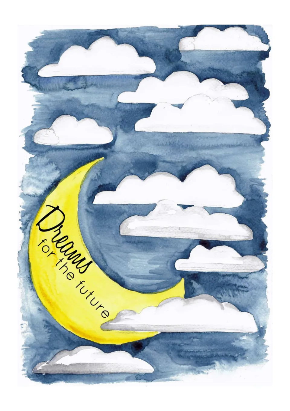 Mindfulness journal card labeled 'Dreams for the future,' showing blank clouds and a yellow crescent moon.