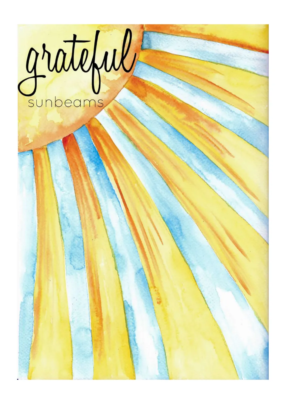 Mindfulness journal card labeled 'grateful sunbeams,' featuring a yellow sun with long yellow and orange rays.
