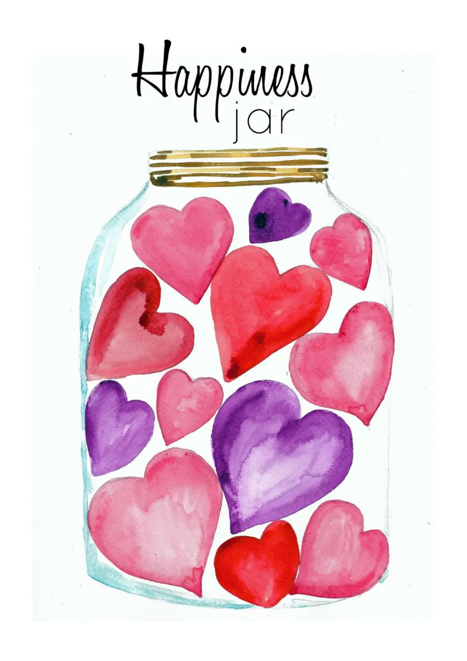 Mindfulness journal card labeled 'Happiness jar,' featuring a jar filled with pink, red, and purple hearts.