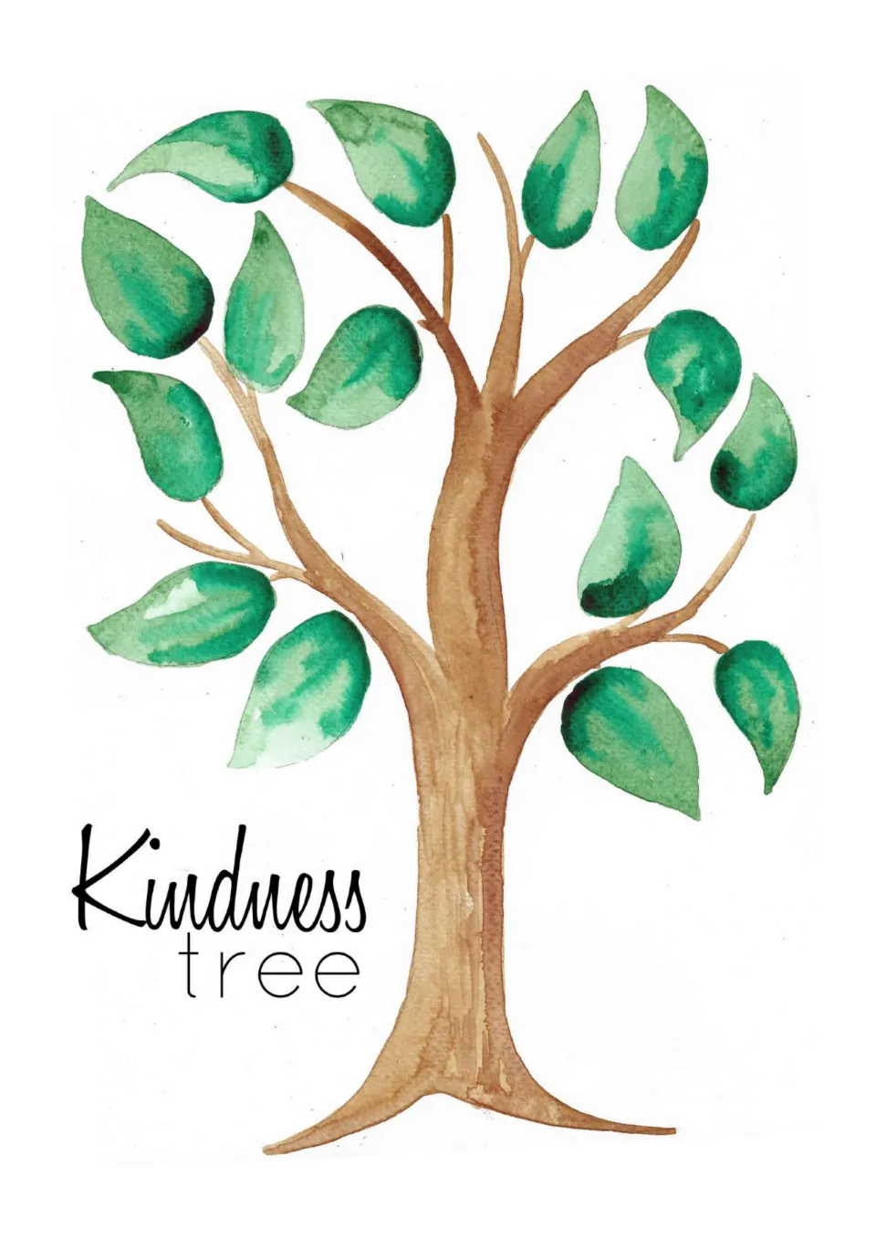Mindfulness journal card labeled 'Kindness tree,' showing a brown tree with fewer, larger green leaves.