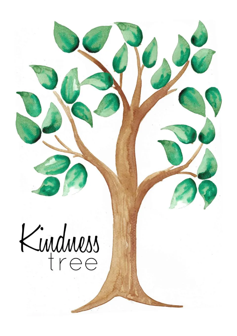 Mindfulness journal card labeled 'Kindness tree,' showing a brown tree with more, smaller green leaves.