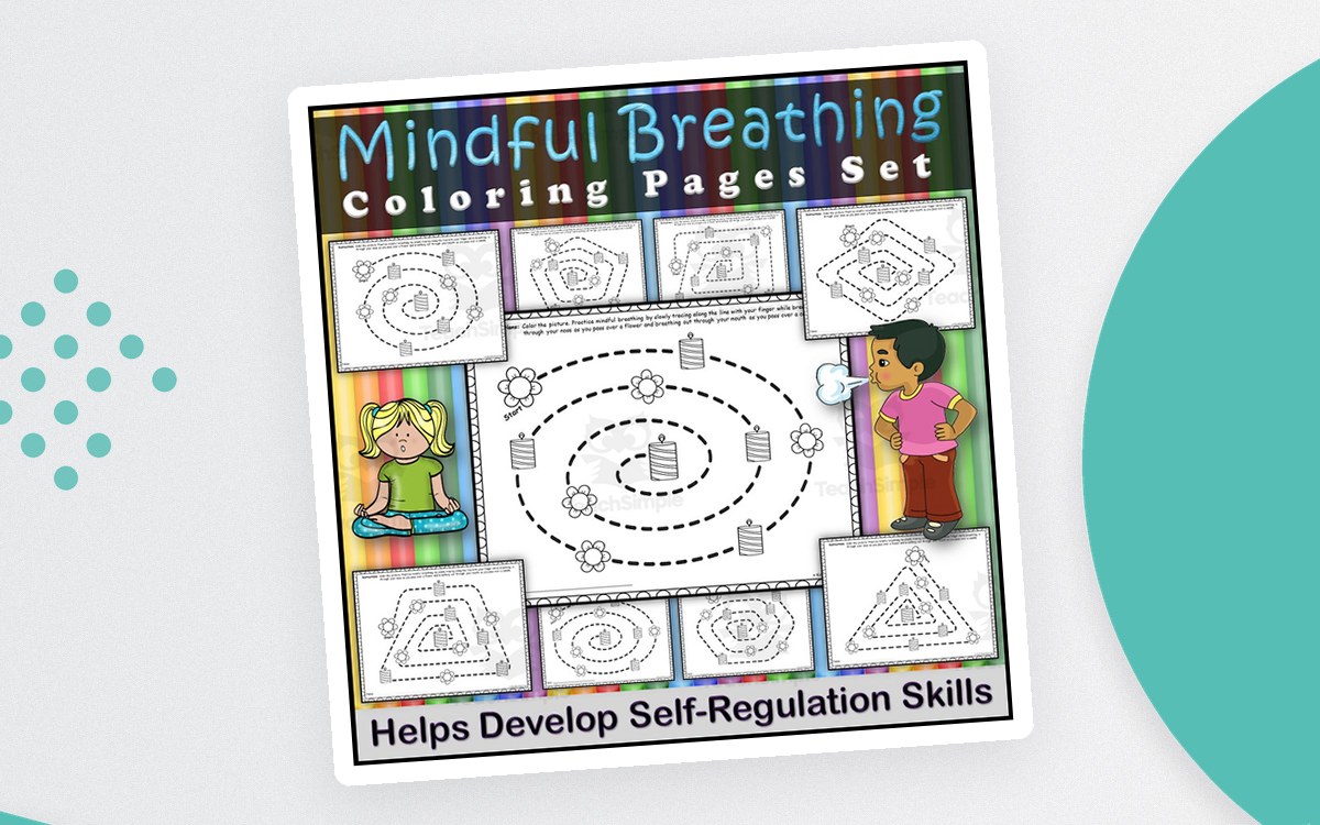 Mindful Breathing Coloring Pages cover with spiral paths and children using flower-and-candle breathing cues.