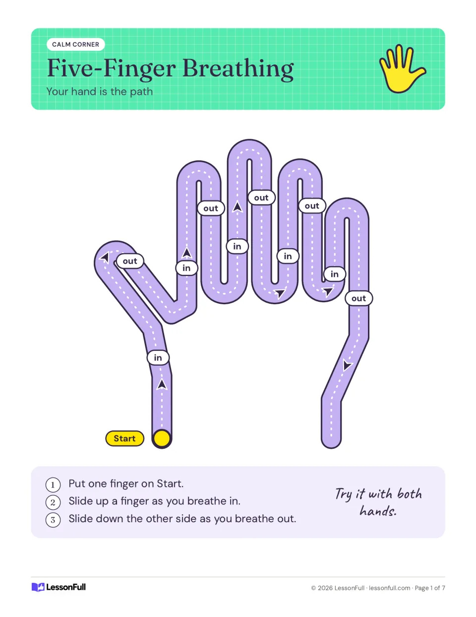 Five-Finger Breathing poster: trace up each finger to breathe in and down the other side to breathe out.
