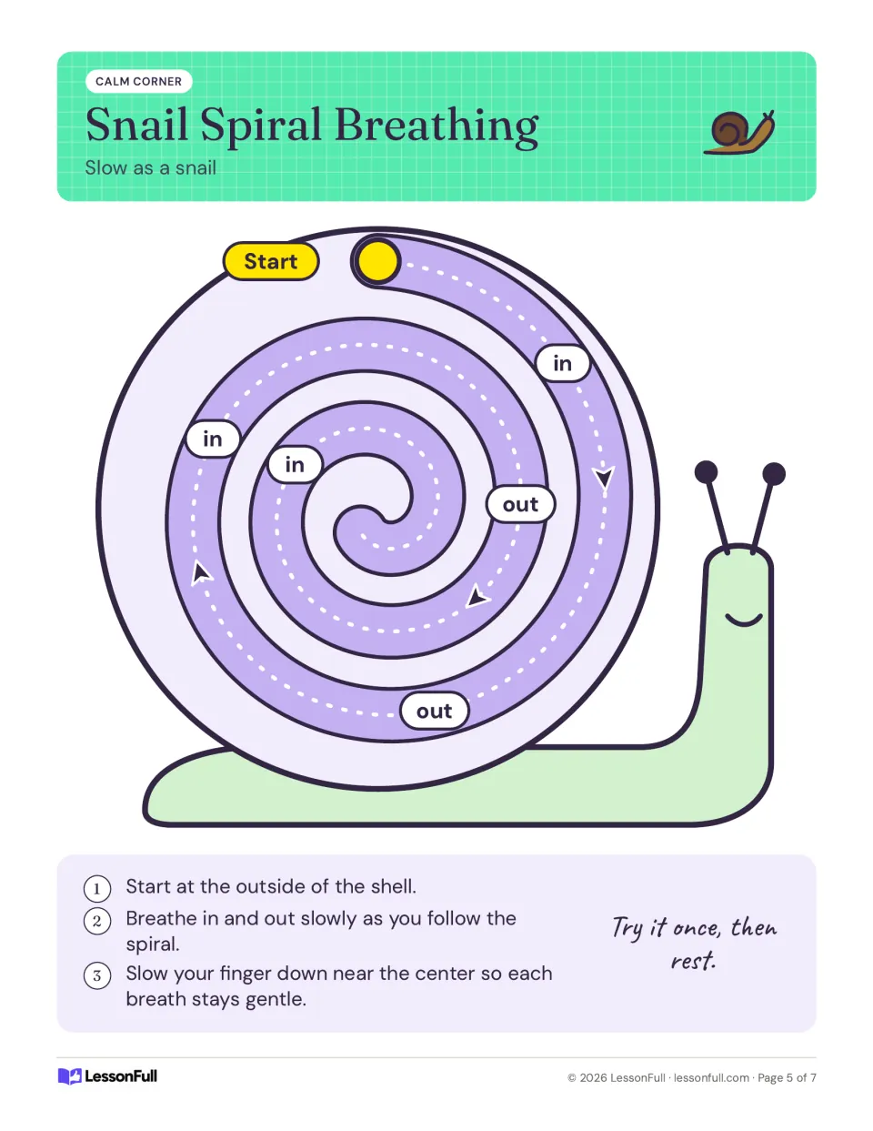 Snail Spiral Breathing poster: trace the shell inward, breathing in and out slowly and slowing near the center.