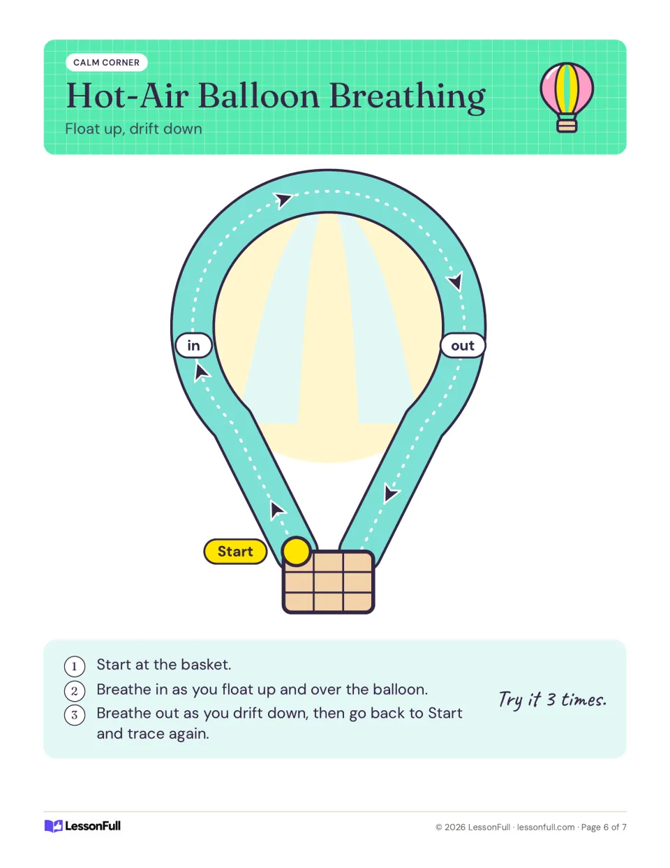 Hot-Air Balloon Breathing poster: start at the basket, breathe in going up and over, and breathe out going down.