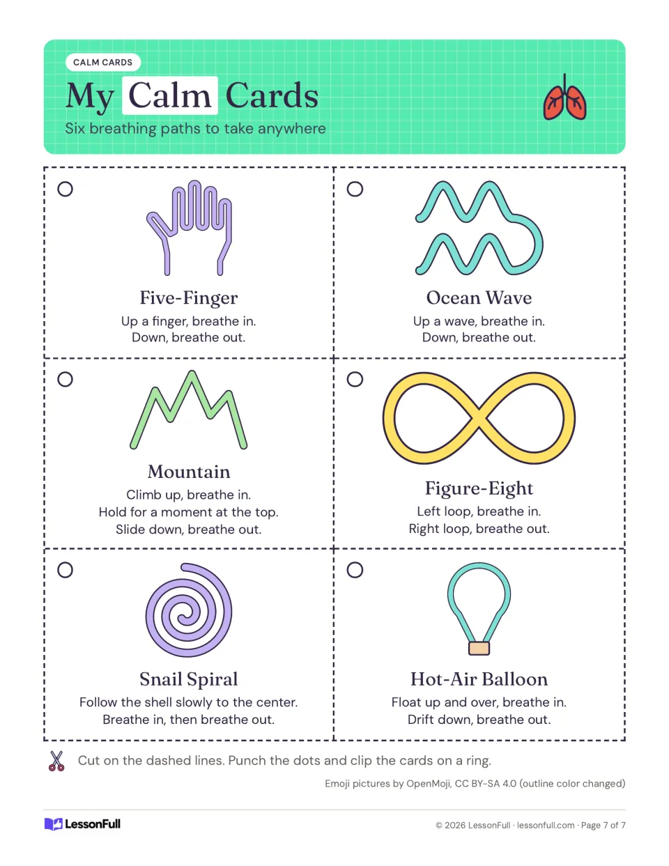Six cut-apart calm cards: Five-Finger, Ocean Wave, Mountain, Figure-Eight, Snail Spiral, and Hot-Air Balloon.