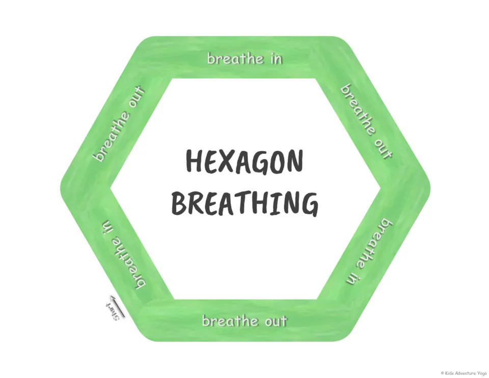 Hexagon breathing: kids trace a green hexagon with six sides, alternating an inhale and an exhale on each edge