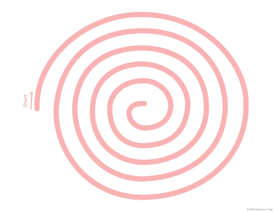 Pink circle spiral breathing path: students trace from Start to the center with a finger, breathing in and out slowly