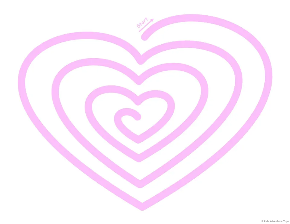 Pink heart spiral breathing path: children follow the heart-shaped track inward from Start while breathing slowly