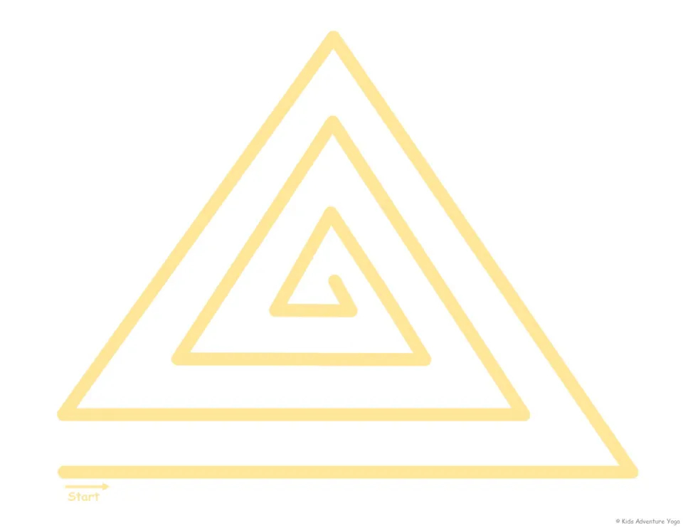 Yellow triangle spiral breathing path: students finger-trace the angular track from Start to the center at a slow pace