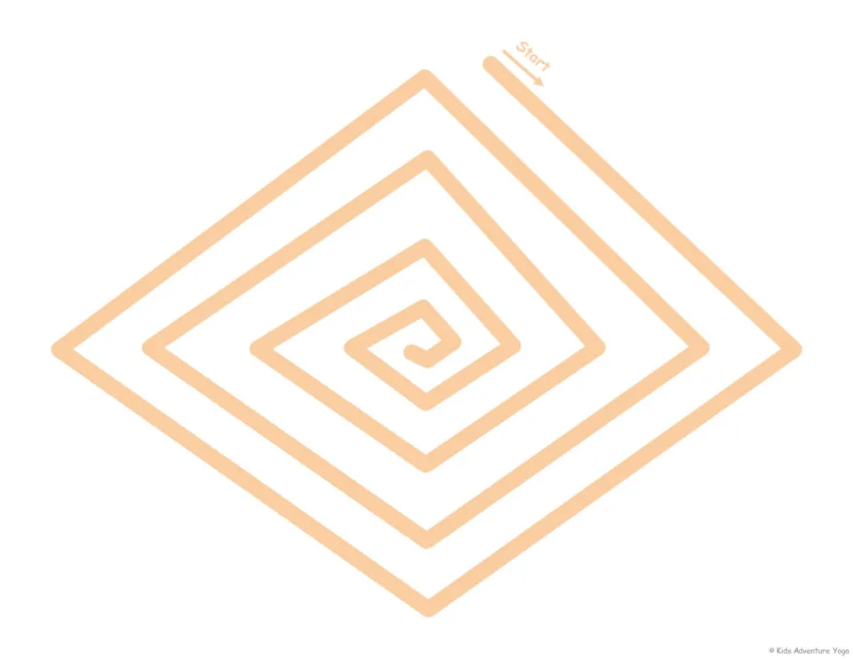 Orange diamond spiral breathing path: kids trace each turn inward from Start, inhaling through the nose and out the mouth