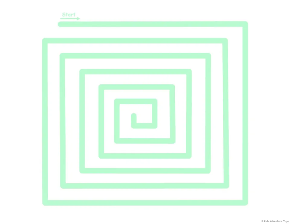 Green square spiral breathing path: students slide a finger along each straight side from Start toward the center