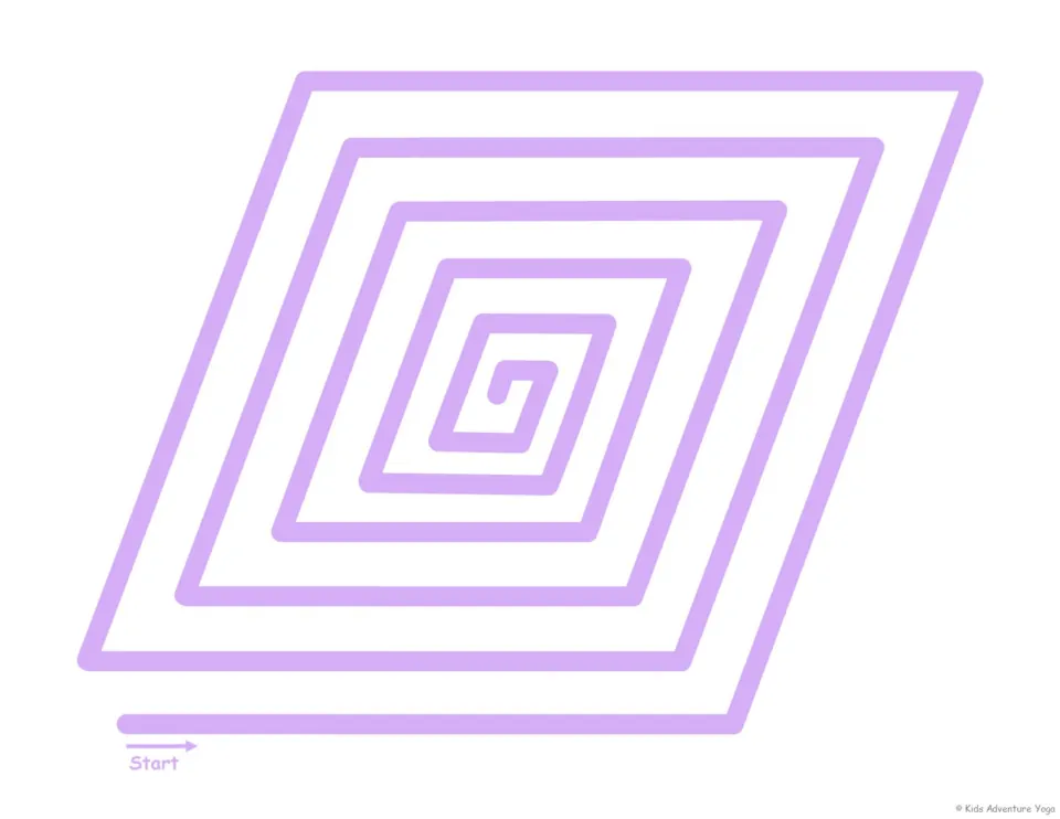 Purple parallelogram spiral breathing path: students trace the slanted track from Start inward with slow breaths