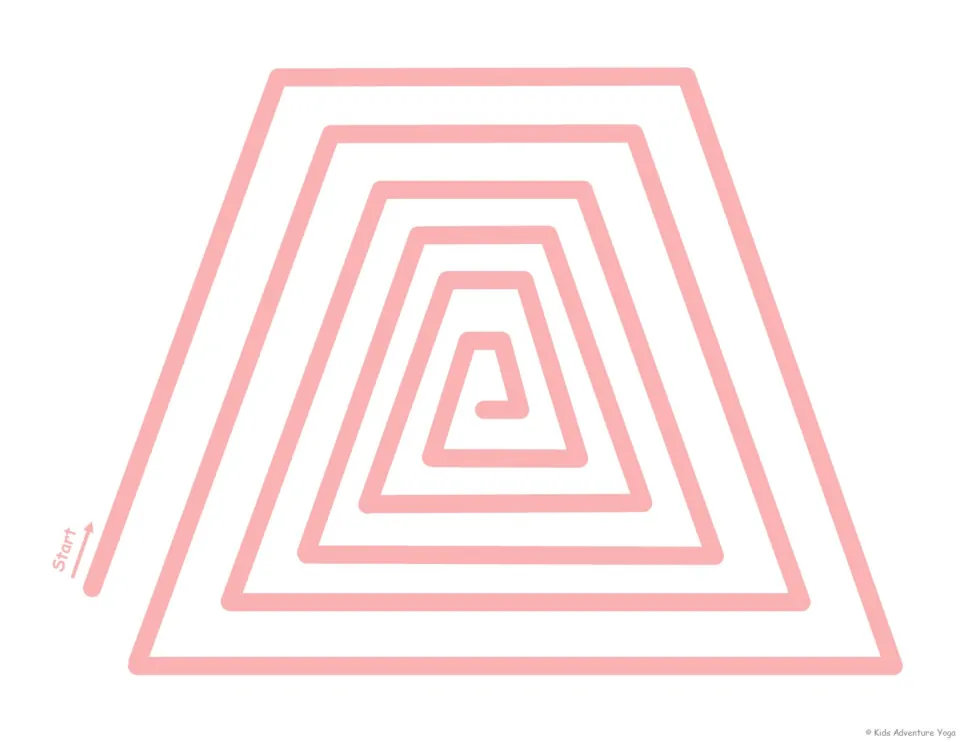 Pink trapezoid spiral breathing path: students follow the track from lower-left Start to the center with calm breaths