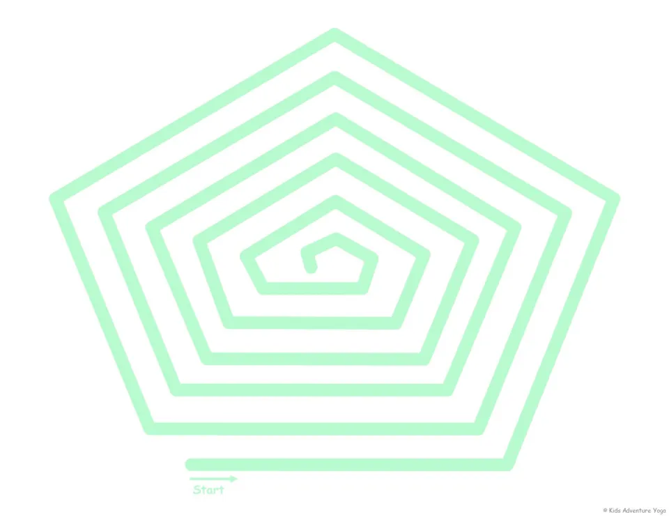 Green pentagon spiral breathing path: kids trace five-sided loops from Start to the middle, breathing in and out gently