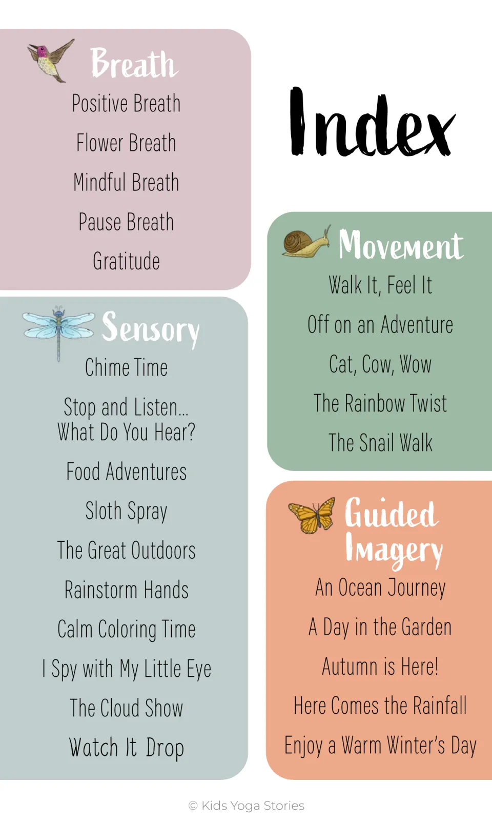 Mindfulness card index listing 25 activities in four categories: breath, movement, sensory, and guided imagery