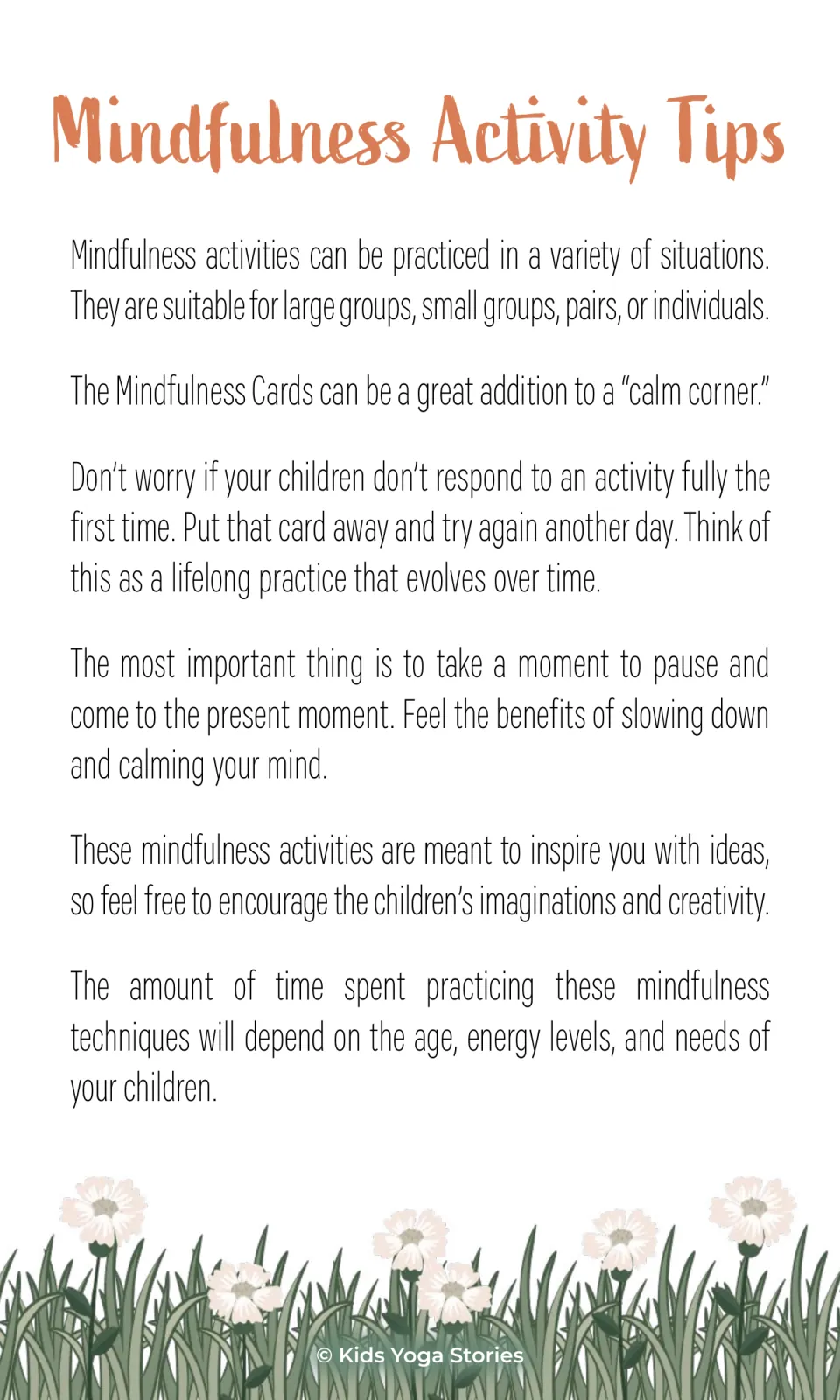 Mindfulness activity tips introduce group and individual use, calm corners, and adapting practice time