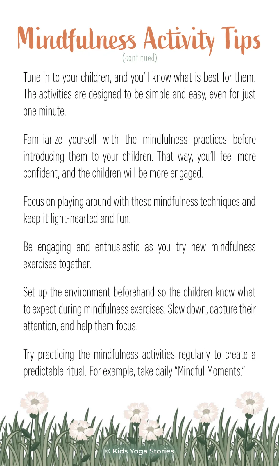 Mindfulness activity tips cover preparing the environment, keeping practice playful, and daily mindful moments