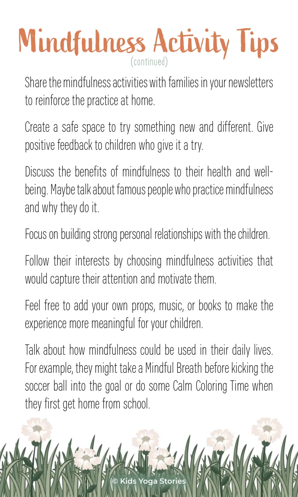Mindfulness activity tips cover family sharing, positive feedback, children's interests, and everyday practice