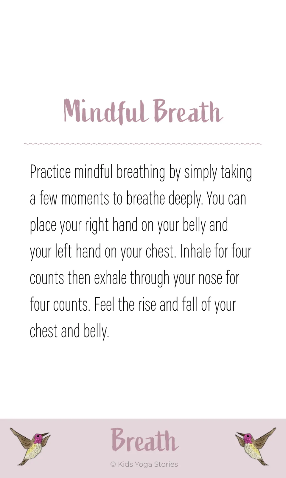 Mindful Breath instruction card: place hands on belly and chest, then inhale and exhale for four counts each