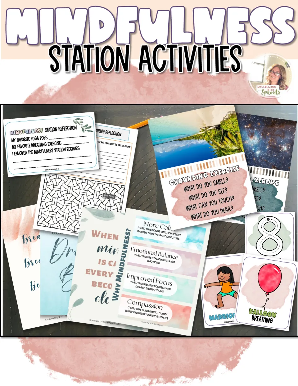 Mindfulness Station Activities cover showing reflection slips, grounding exercise, yoga and balloon breathing cards