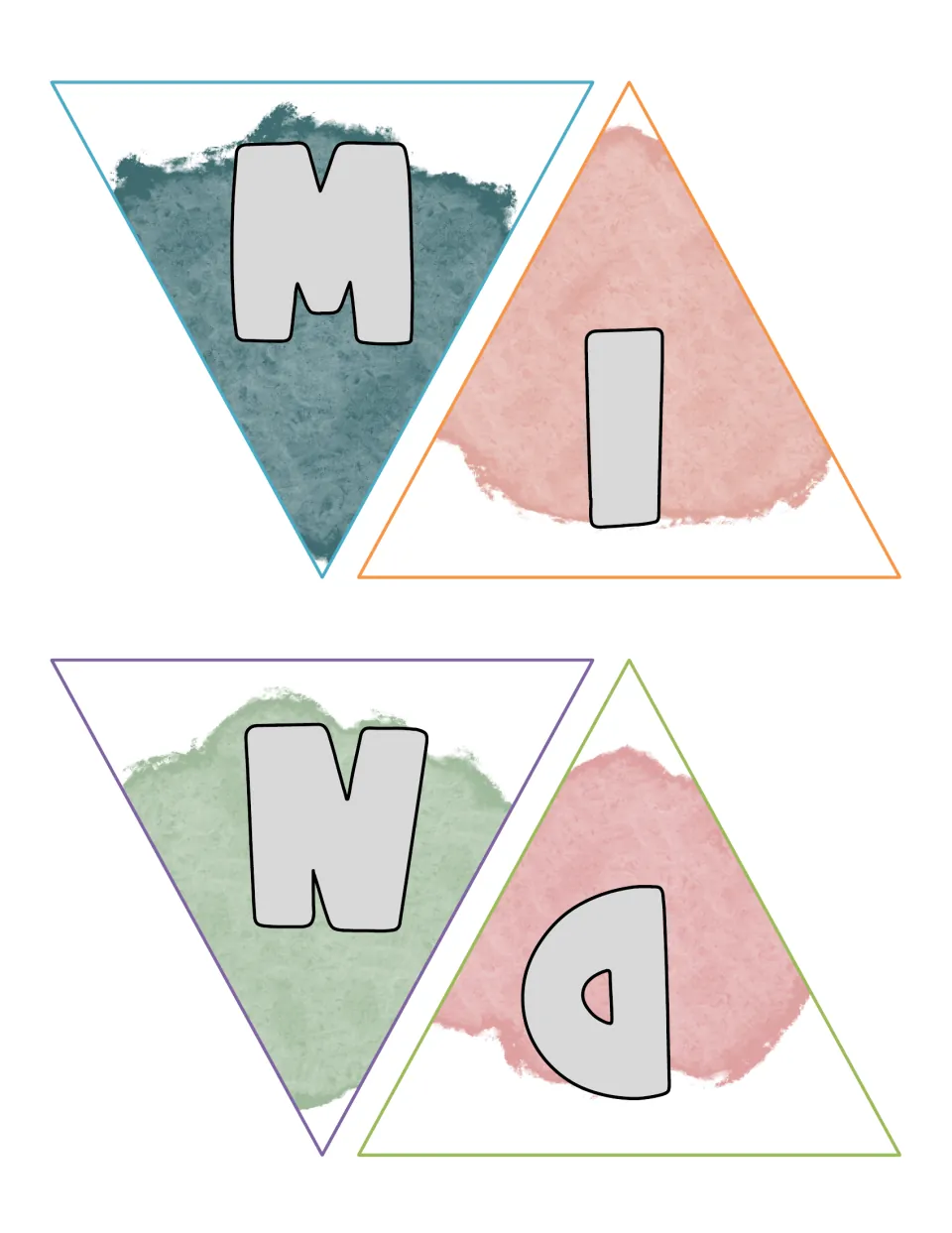 Banner cut-out piece: four watercolor pennants with the letters M, I, N and D for a mindfulness bulletin board