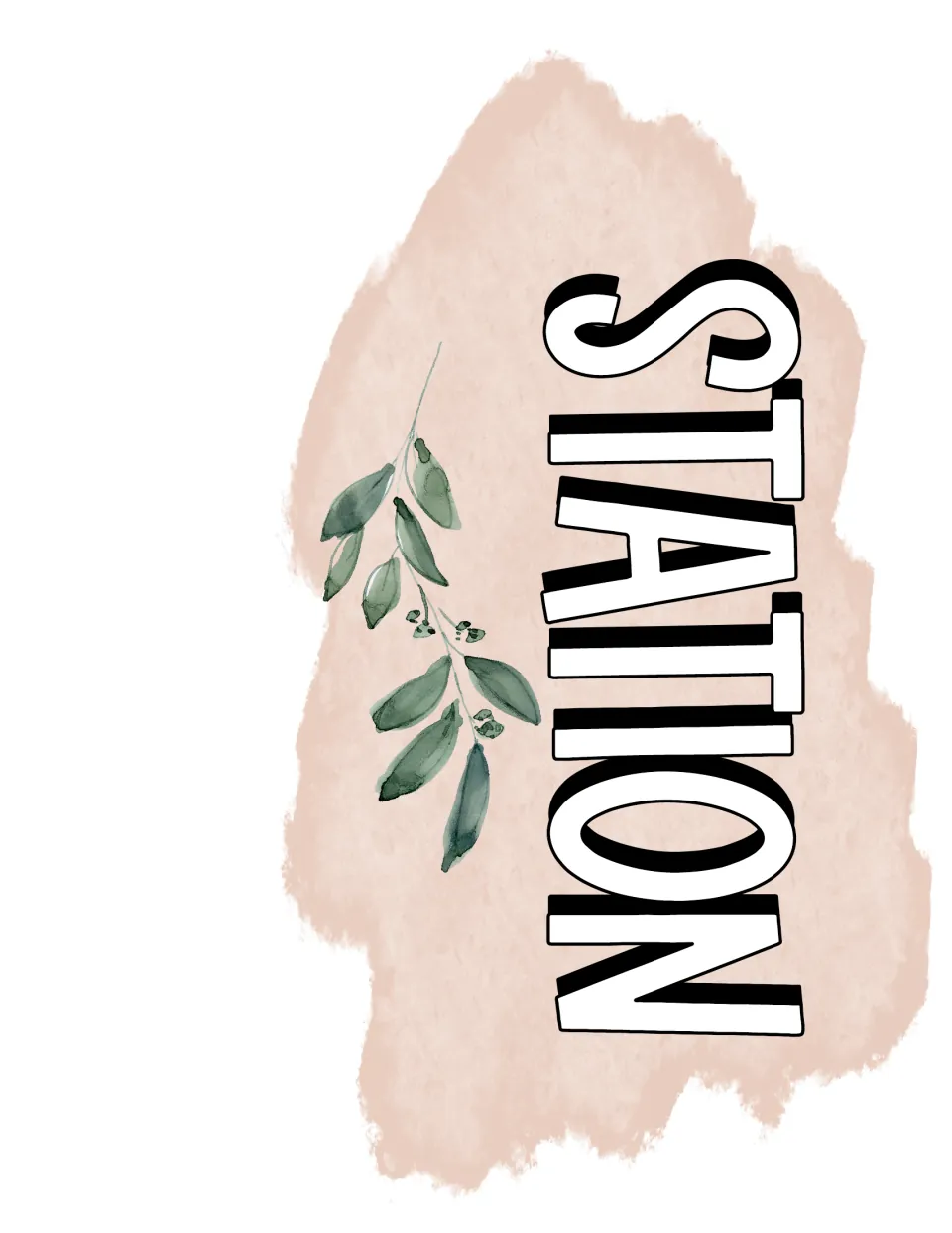 Station sign showing the single word STATION in large outlined letters with a small watercolor leaf sprig