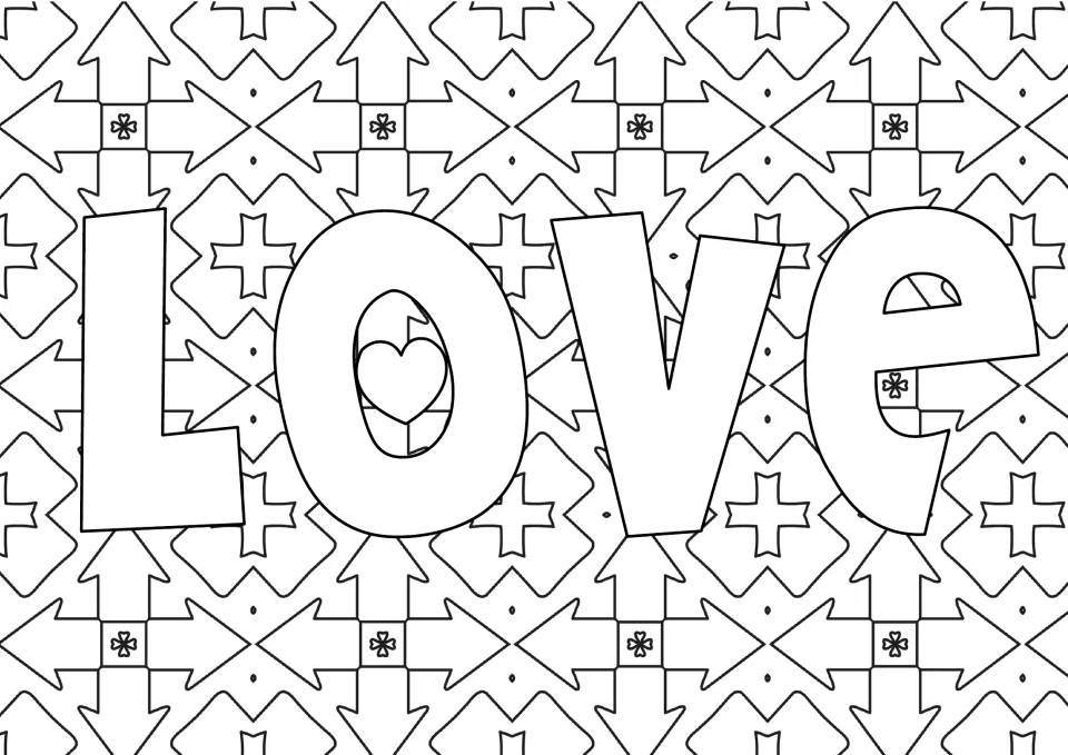 Single-word coloring page: students color the large letters of "Love" with a small heart, then the arrow pattern behind