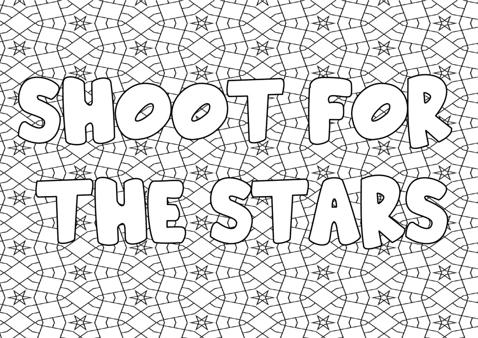 Goal-setting quote coloring: students color the bubble letters of "Shoot for the stars" and the star-dotted pattern