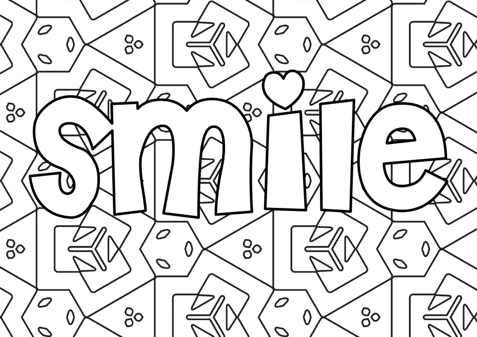 Single-word coloring page: students color the lowercase letters of "smile" with a heart dot and the geometric background