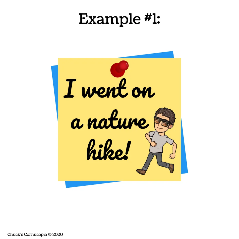 Example 1, first note: a yellow pinned note reading "I went on a nature hike!" with a cartoon figure walking