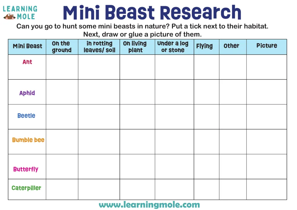 Minibeast habitat hunt: students tick where they find ants, aphids, beetles, bees, butterflies, caterpillars and draw each