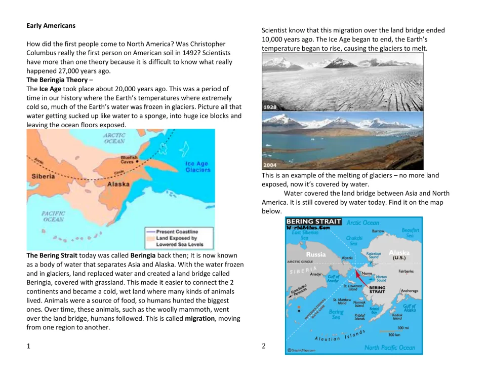 Beringia land bridge reading: students read about the Ice Age and migration, with glacier photos and Bering Strait maps