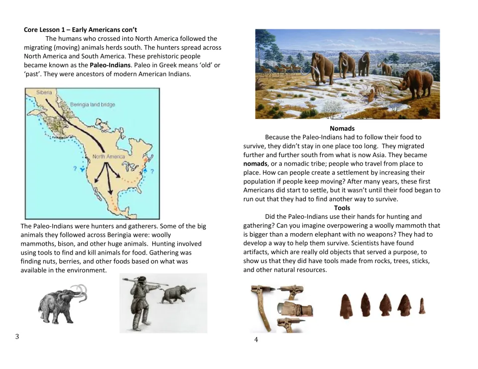 Paleo-Indians reading: students learn about hunting and gathering, nomads and tools, with a migration map and stone points