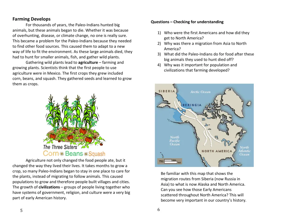 Farming Develops reading on Three Sisters crops and civilizations; students answer 4 comprehension questions