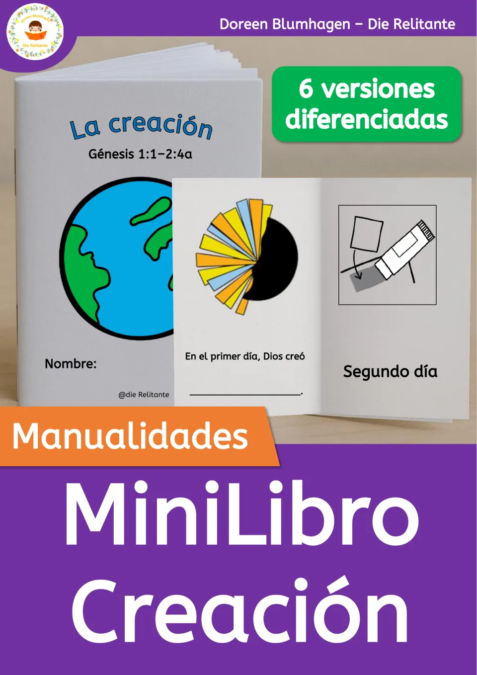 Cover for a Spanish mini book on the creation, Génesis 1:1–2:4a, showing a folded booklet with an Earth and 6 versions