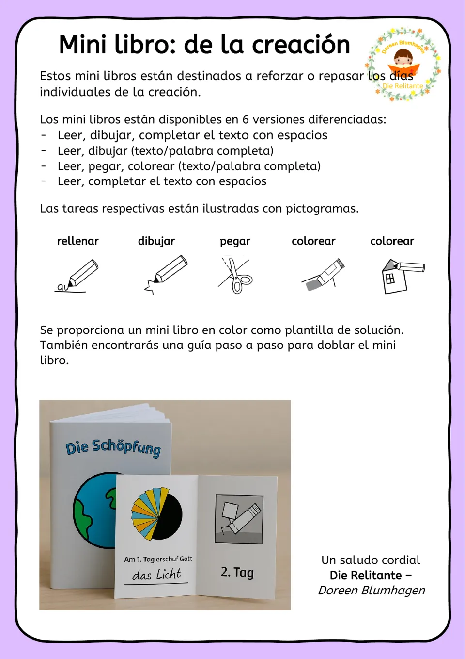 Teacher notes explaining the mini book versions: read, draw, fill in blanks, glue or color, with task pictograms shown