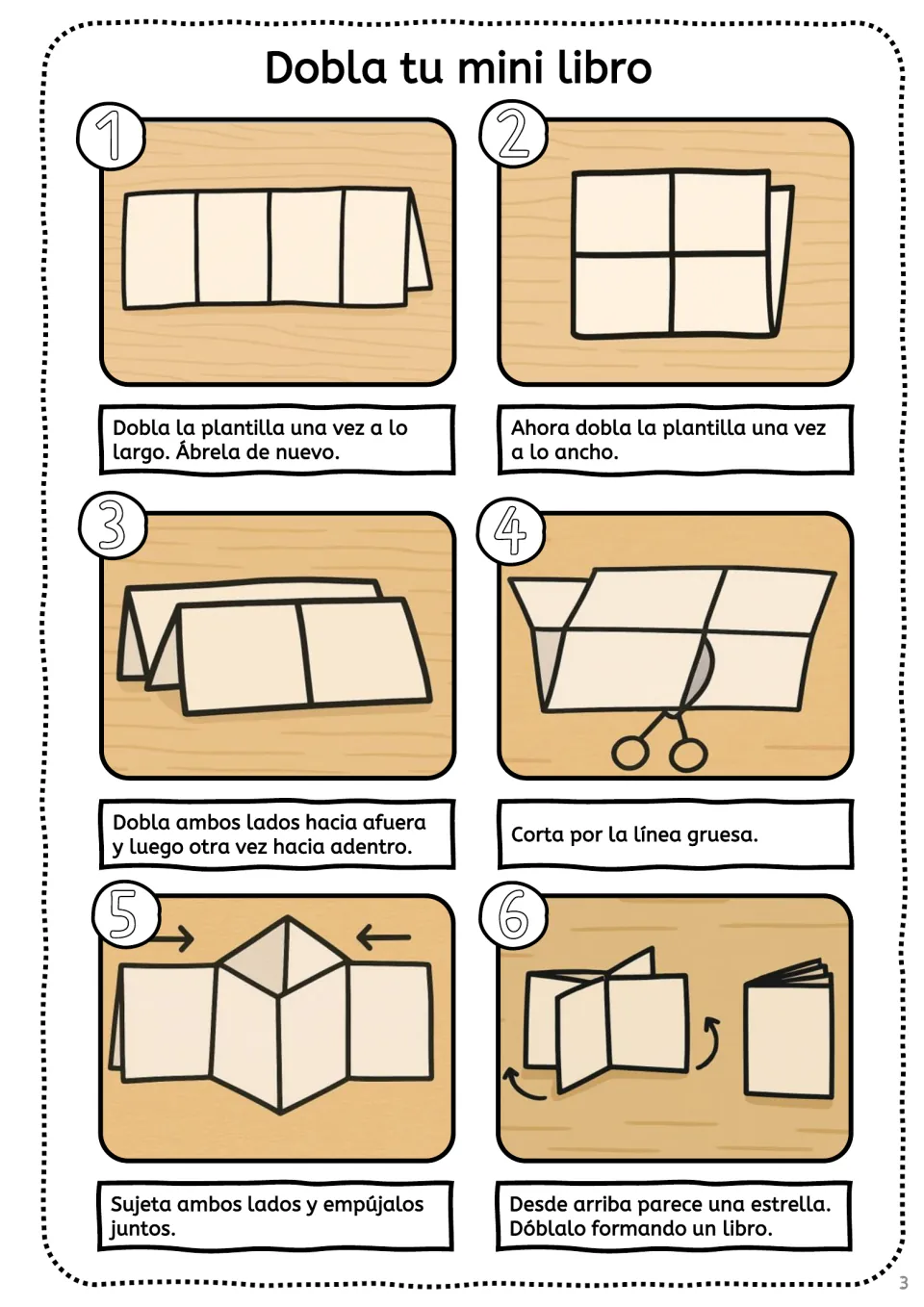 Folding steps for the mini book: students fold the template, cut on the thick line and push the sides into a booklet