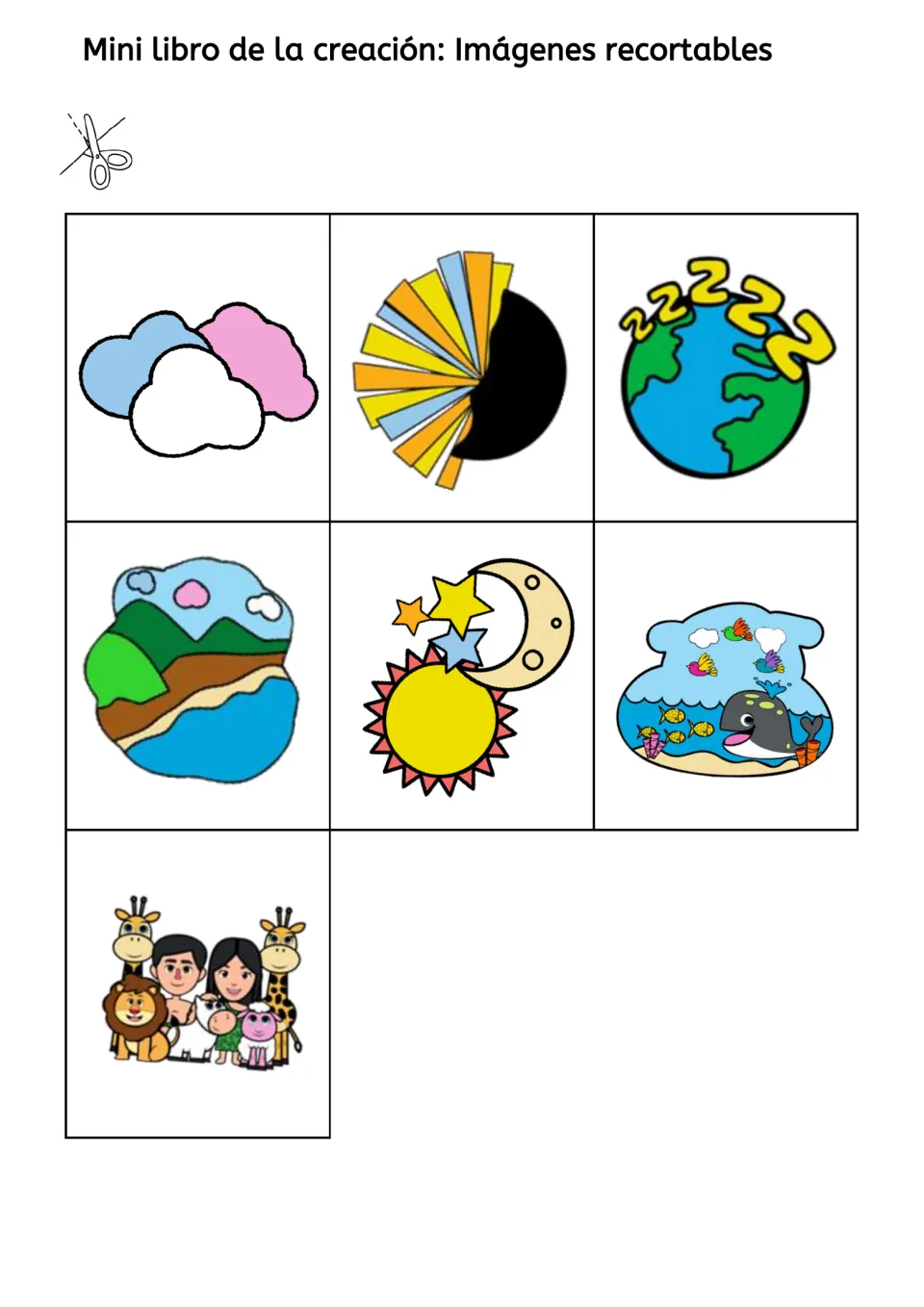 Color cut-out pictures for the creation mini book: clouds, light, sleeping Earth, land, sun and moon, sea, people