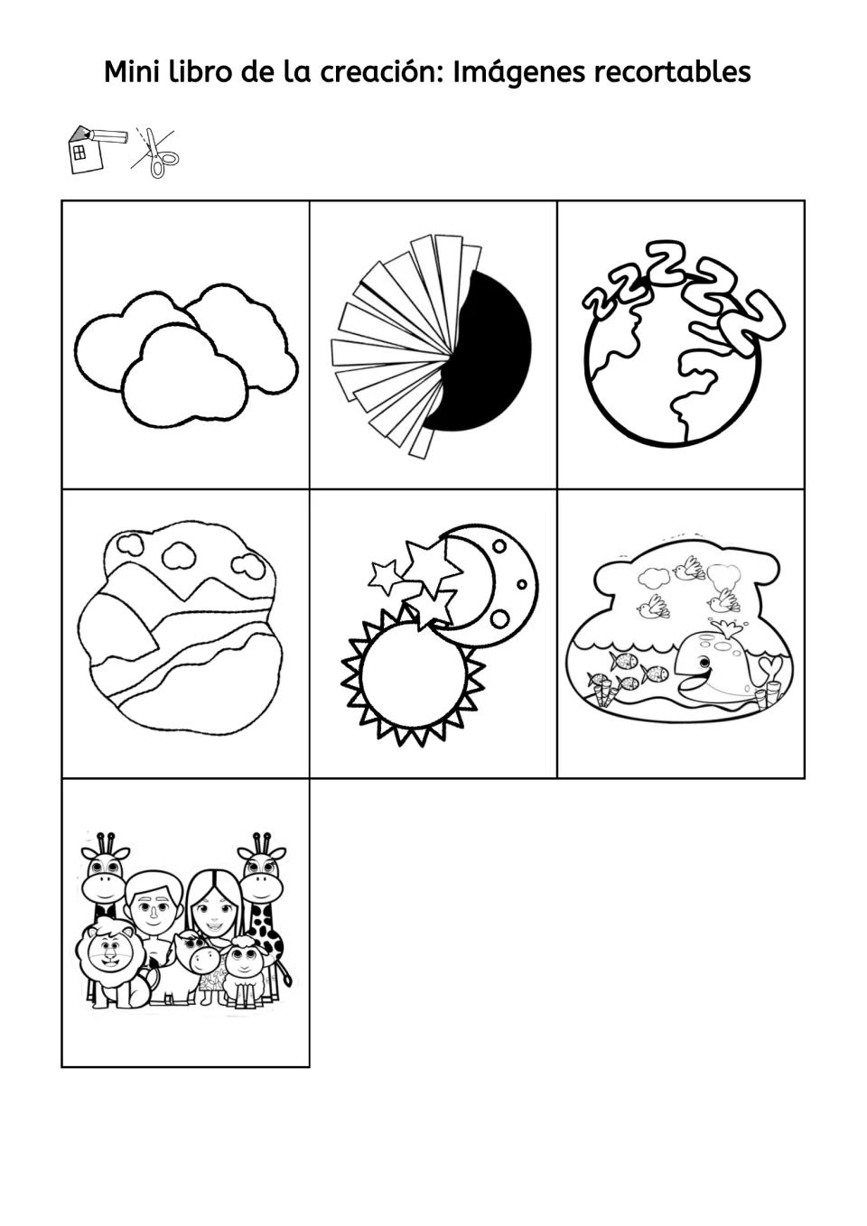 Black-and-white cut-out pictures of creation days, with glue and scissors icons, for students to color and paste in