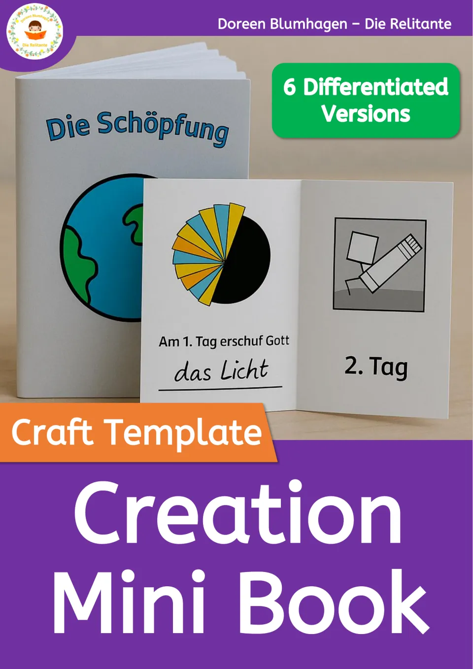 Cover: Creation Mini Book craft template with a folded book showing a globe and pictogram pages, 6 differentiated versions