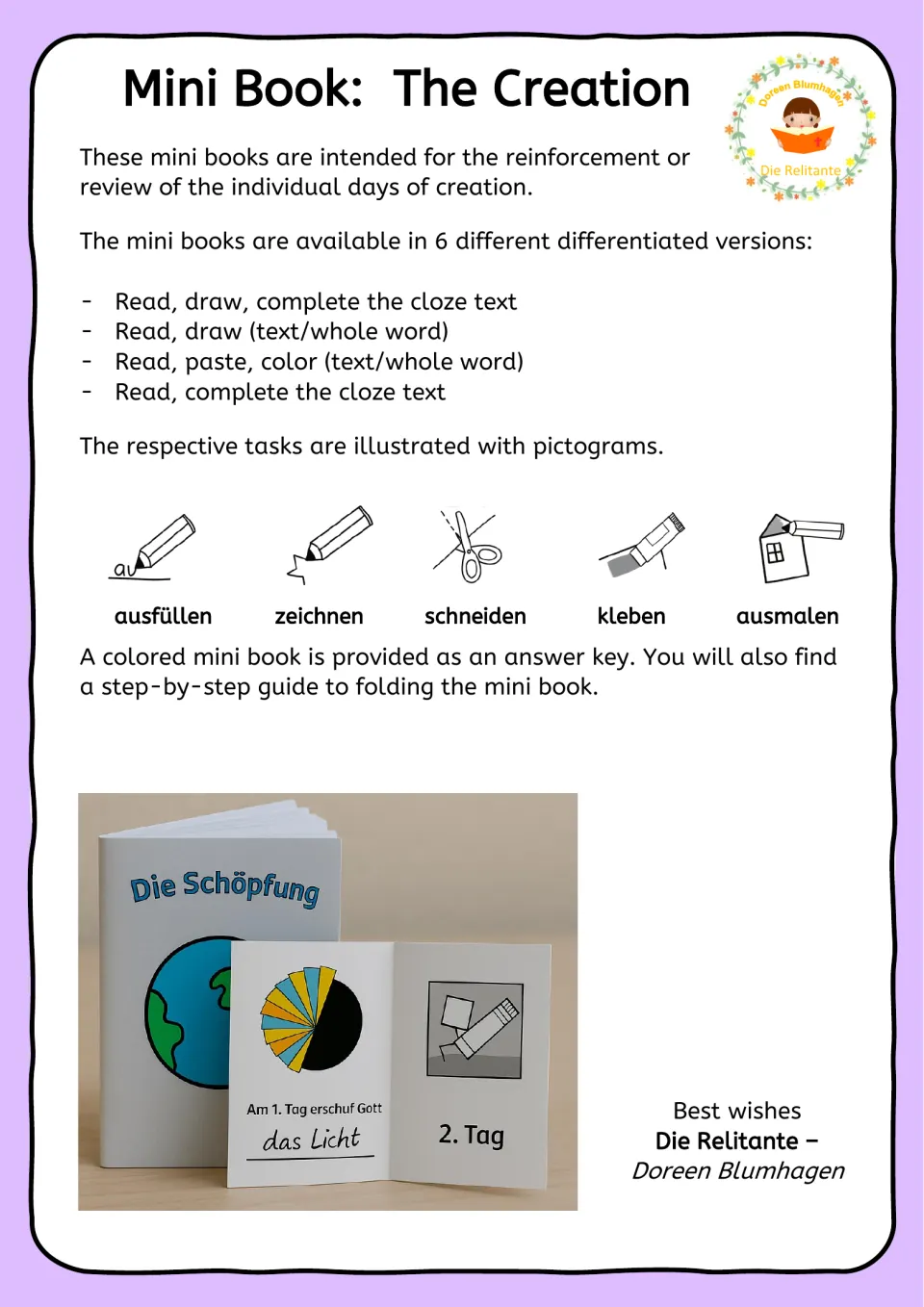 Teacher guide to the six mini book versions: read, draw, cloze, paste and color tasks, with a pictogram key