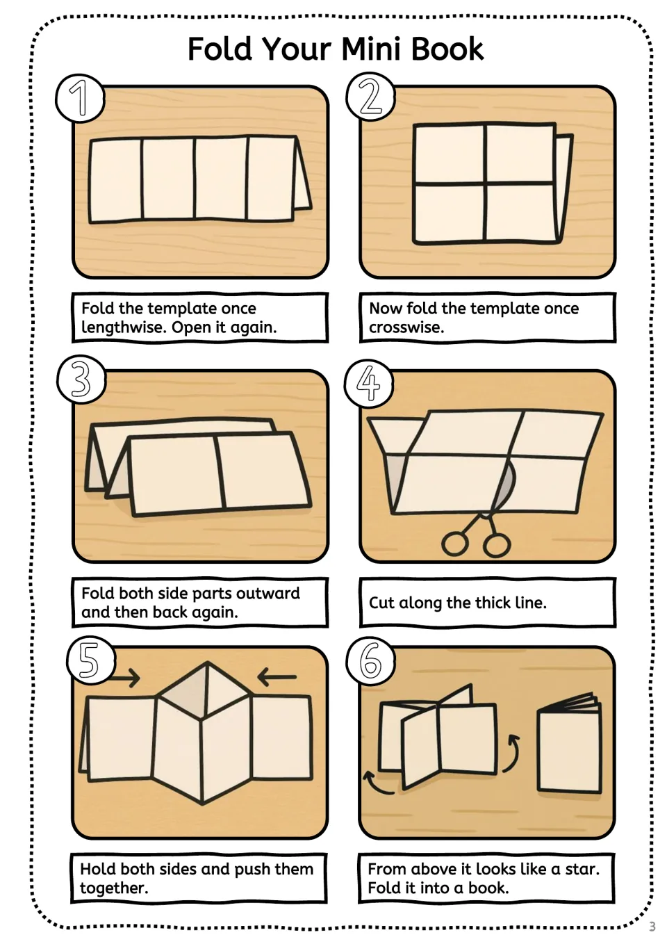 Mini book folding steps: students fold lengthwise and crosswise, cut along the thick line, then push the sides into a book