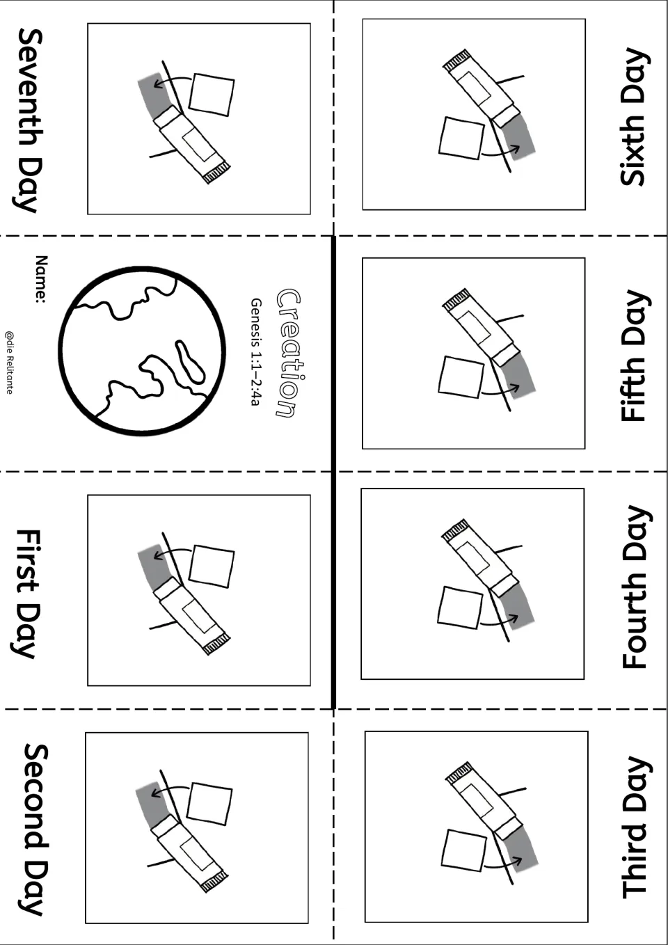 Days of creation paste template: students glue a cut-out picture into each of the seven day panels, First to Seventh Day