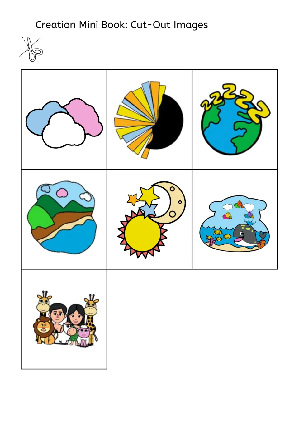 Colored cut-out pictures of the creation days: light, sky, land, sun and moon, sea animals, people, resting earth