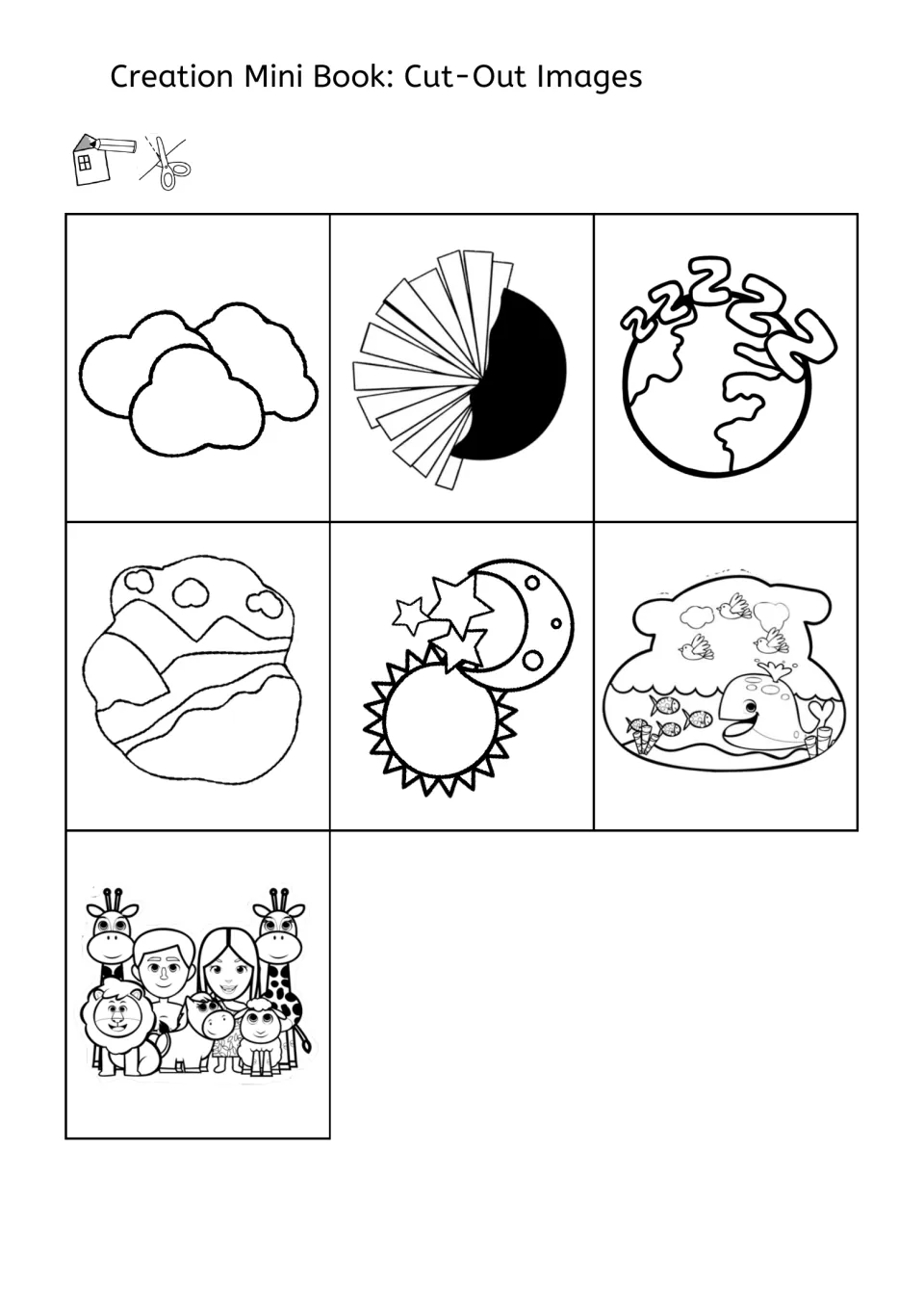 Black-and-white cut-out pictures of the creation days that students cut, glue and color, with scissors and glue icons